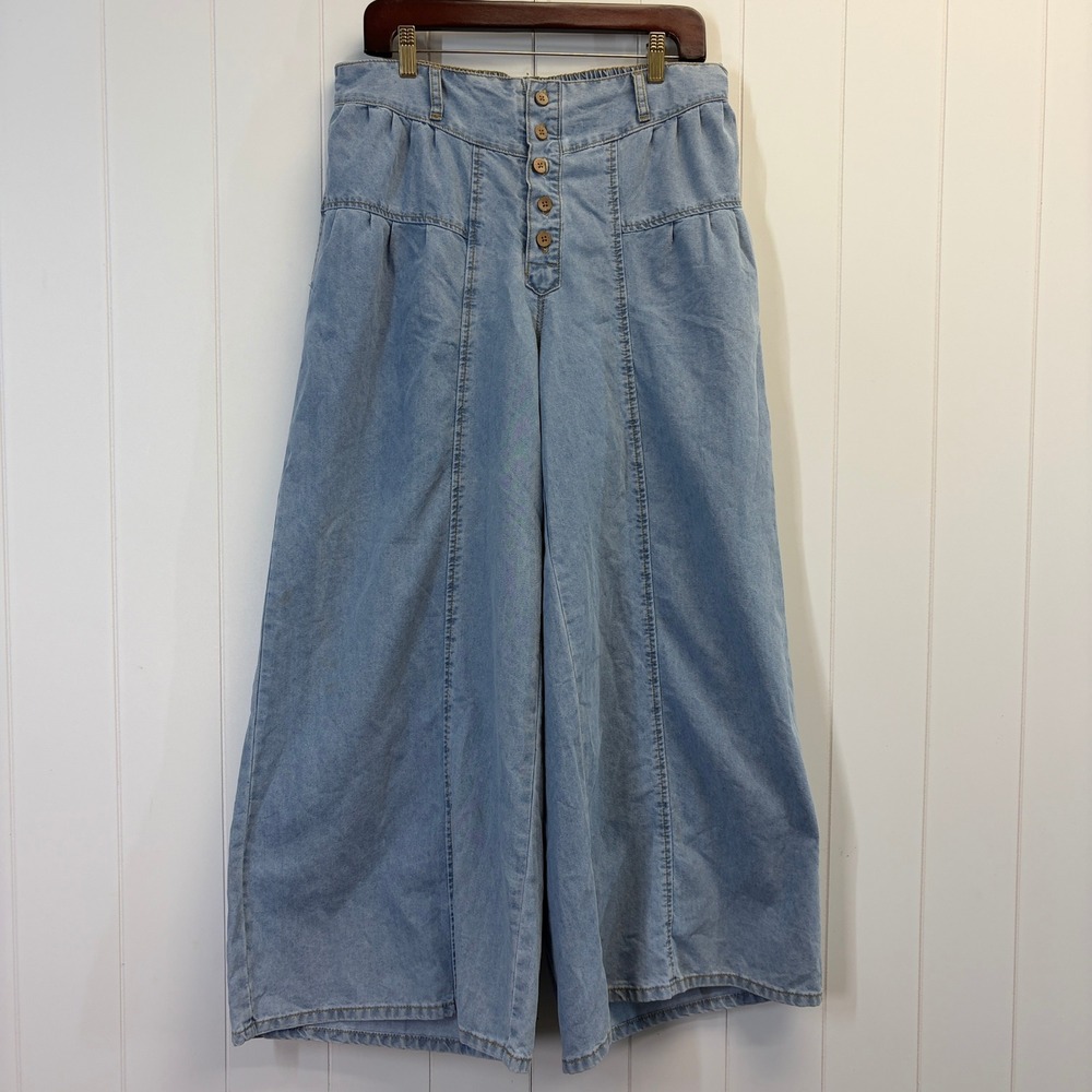 Boho Wide Leg Pleated High Rise Culotte Jeans Women Size 14 Minimalist Coastal